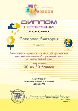 диплом победетилю за участие в олимпиадах по окружающему миру
