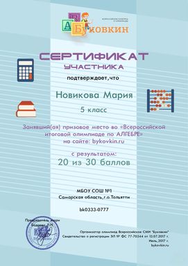 сертификат участнику за участие в олимпиадах по алгебре