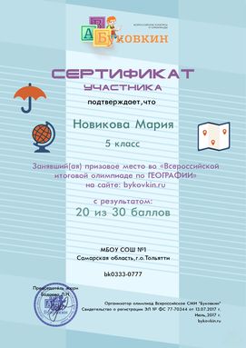 сертификат участнику за участие в олимпиадах по географии