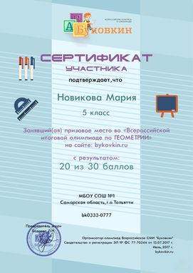 сертификат участнику за участие в олимпиадах по геометрии