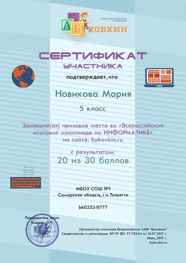 сертификат участнику за участие в олимпиадах по информатике