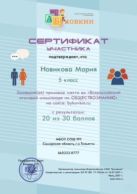 сертификат участнику за участие в олимпиадах по обществознание