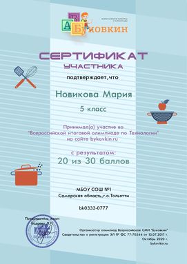 сертификат участнику за участие в олимпиадах по технологии для девочек