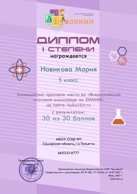 диплом победетилю за участие в олимпиадах по химии