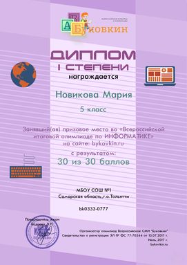 диплом победетилю за участие в олимпиадах по информатике