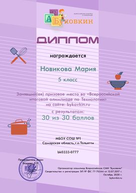 диплом победетилю за участие в олимпиадах по технологии для девочек
